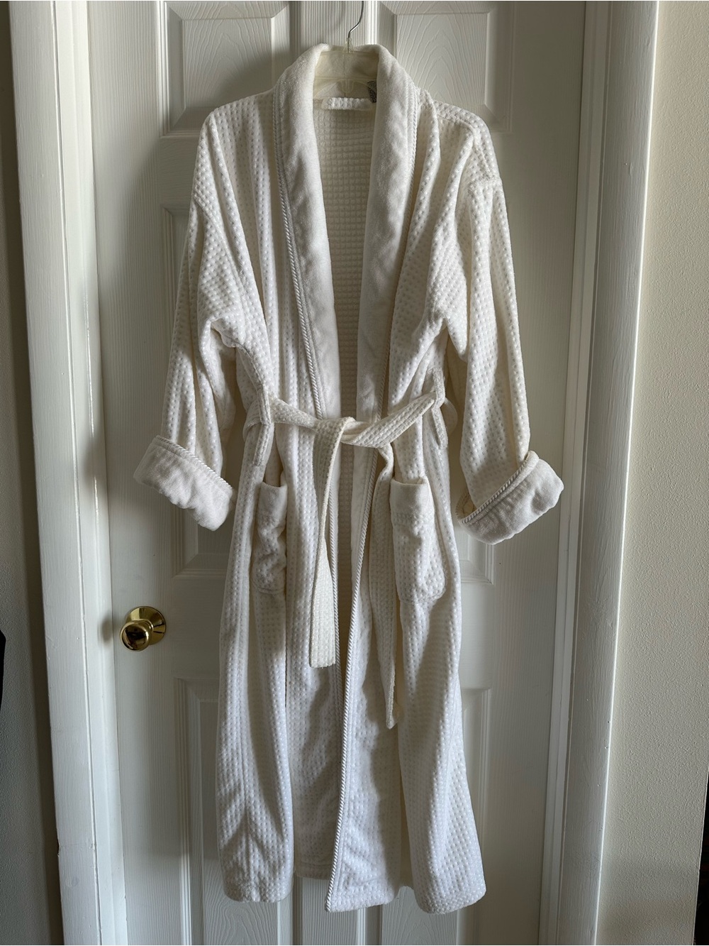 Women's Cream White Waffle Robe with Shawl Collar